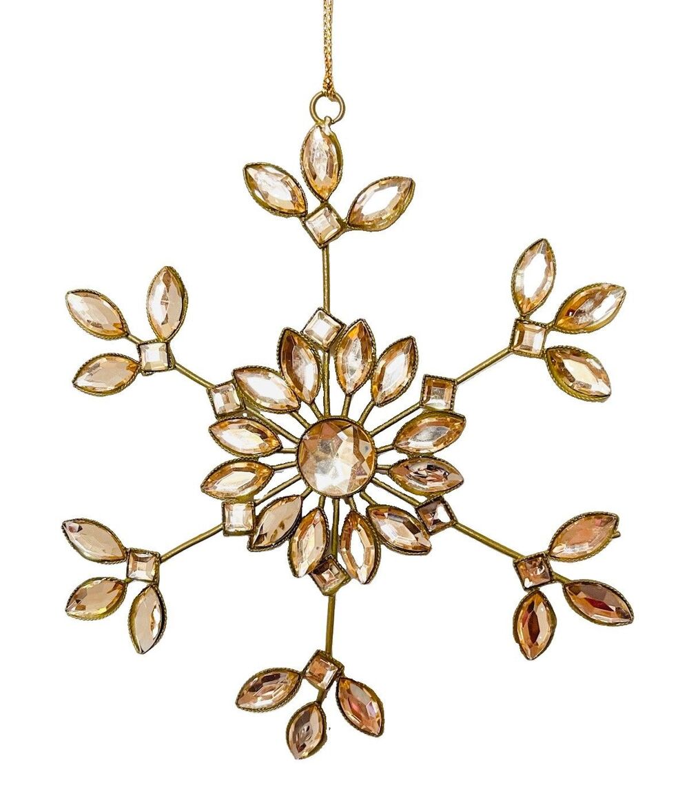 Rhinestone Snowflake Ornament Champaigne Color Gold Back 5” Circumference